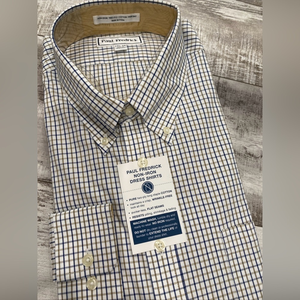 Paul Frederick 17.5-35 Plaid Check Long Sleeve Shirt Cotton 2 Ply Flip Cuff